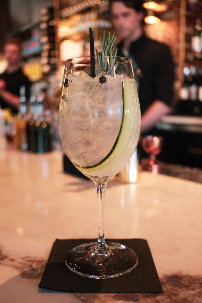 Gin and tonic with rosemary and cucumber at the bar